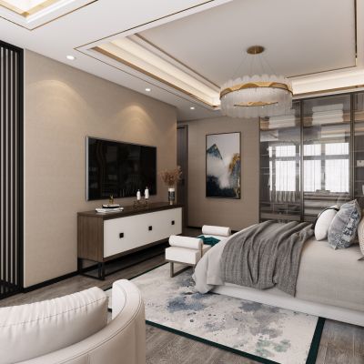 新中式轻奢卧室，新中式卧室，卧室，轻奢卧室，