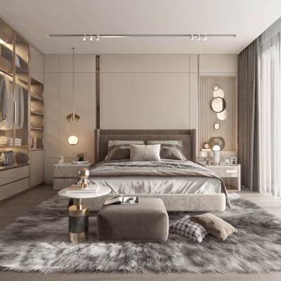 现代简约风格主卧室,双人床，衣柜