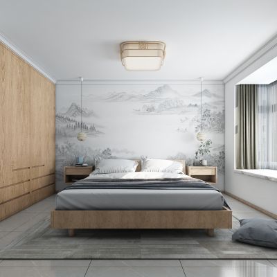 新中式卧室，日式卧室，卧室，