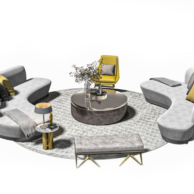 现代绒布弧形沙发组合