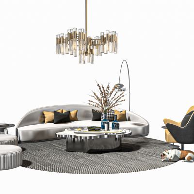 现代皮质弧形沙发组合