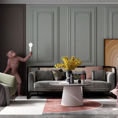 现代客厅，沙发茶几组合，饰品，摆件，背景墙