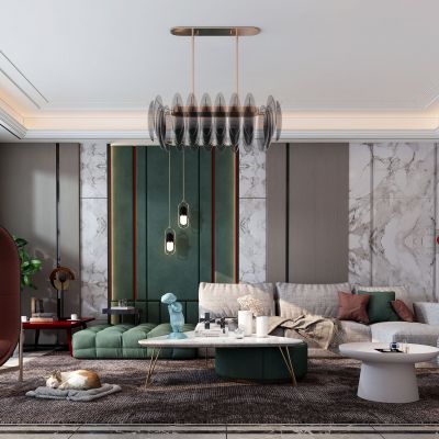 现代客厅，沙发茶几组合，饰品，摆件，背景墙