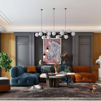 后现代轻奢客厅，沙发茶几组合，背景墙，饰品，摆件