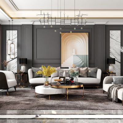 后现代客厅，沙发茶几组合，饰品，摆件，背景墙