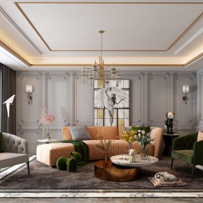 现代客厅，沙发茶几组合，饰品，摆件，背景墙