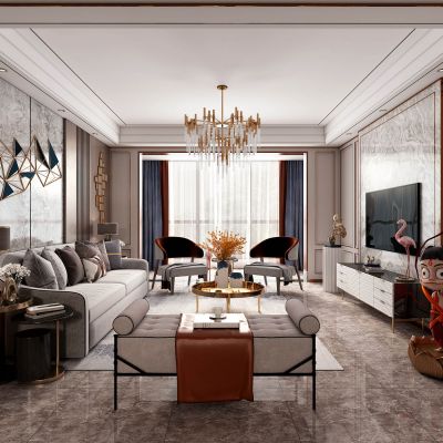 现代客厅，沙发茶几组合，饰品，摆件