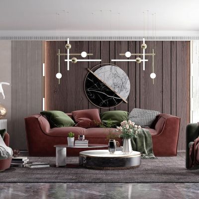 现代客厅，沙发茶几组合，饰品，摆件，背景墙