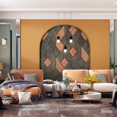 现代客厅，沙发茶几组合，饰品，摆件，背景墙