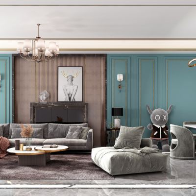 后现代客餐厅，沙发茶几组合，餐桌椅，软装，背景墙，饰品，摆件