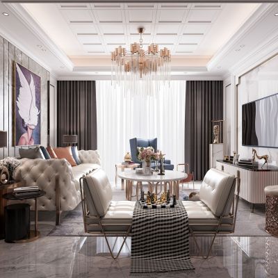 简欧客厅，沙发茶几组合，饰品摆件