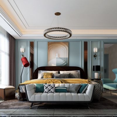 现代卧室，床，饰品，摆件