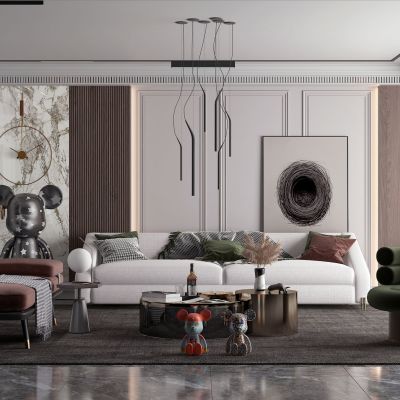 现代客厅，沙发茶几组合，饰品，摆件，背景墙