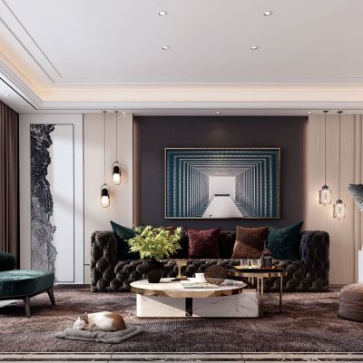 现代客厅，沙发茶几组合，饰品，摆件，背景墙