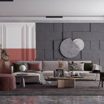 现代客厅，沙发茶几组合，饰品，摆件，背景墙