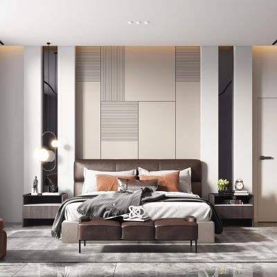 现代卧室 现代双人床 吊灯 地毯 抱枕