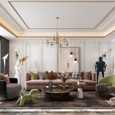 现代客厅，沙发茶几组合，饰品，摆件，背景墙