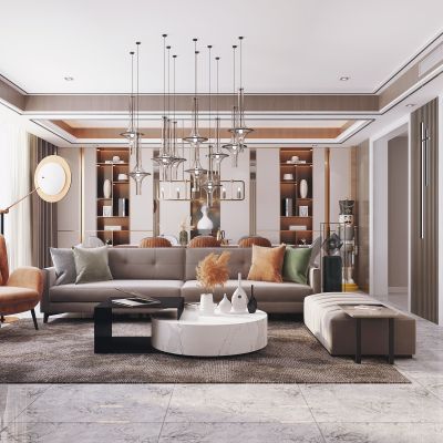 现代客餐厅，沙发茶几组合，餐桌椅，陈设摆件，背景墙