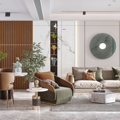 现代客餐厅，沙发茶几组合，餐桌椅，背景墙，陈设摆件