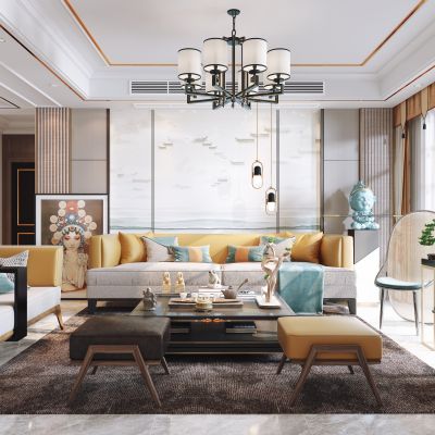 新中式客餐厅，沙发茶几组合，餐桌椅，背景墙，陈设摆件