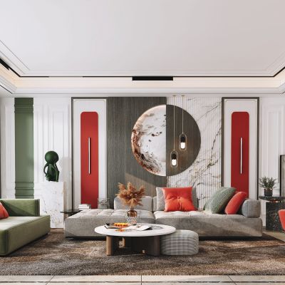 现代客厅，沙发茶几组合，饰品，摆件，背景墙