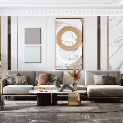 欧式客厅，沙发茶几组合，陈设摆件，背景墙，灯具，单椅