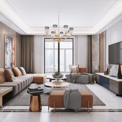 现代客餐厅，沙发茶几组合，餐桌椅，陈设摆件，背景墙