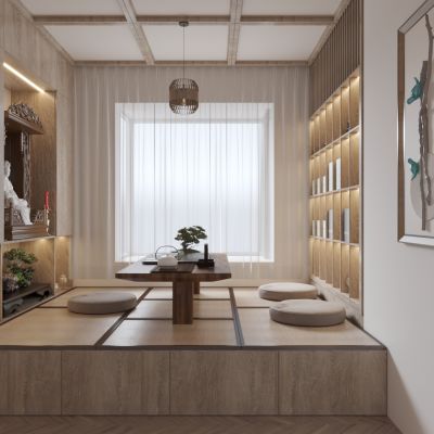 新中式茶室 榻榻米 佛龛 观音像 茶台 蒲团 书架 卧室 书房 摆件 挂画