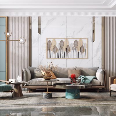 现代客厅，沙发茶几组合，陈设，摆件，背景墙