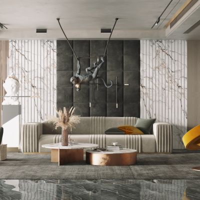 现代客厅，沙发茶几组合，陈设摆件，背景墙