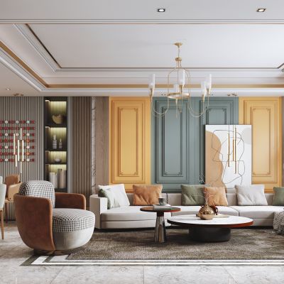 现代客厅，沙发茶几组合，陈设摆件，背景墙，灯具，单椅