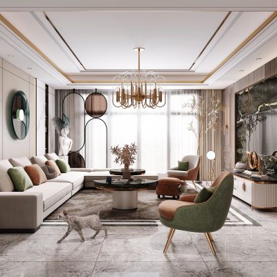 现代客厅，沙发茶几组合，背景墙，陈设摆件，灯具，单椅