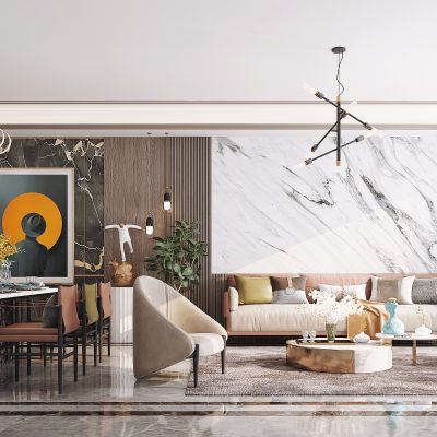 现代客厅，沙发茶几组合，陈设摆件，背景墙