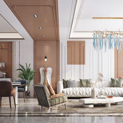 现代客厅，沙发茶几组合，陈设摆件，背景墙，餐桌椅