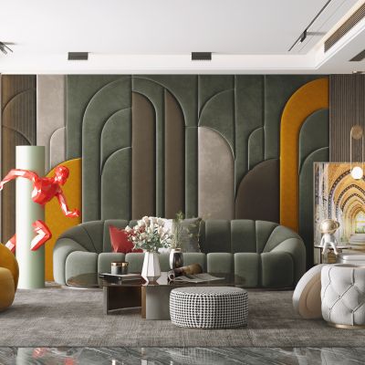 现代客厅，沙发茶几组合，饰品，摆件，背景墙