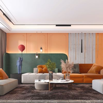 现代客厅，沙发茶几组合，饰品，摆件，背景墙