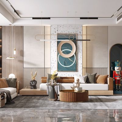 现代客厅，沙发茶几组合，陈设摆件，沙发背景墙