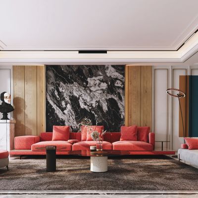 现代客厅，沙发茶几组合，陈设，摆件，背景墙