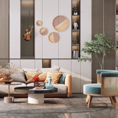 现代客厅，沙发茶几组合，背景墙，陈设摆件