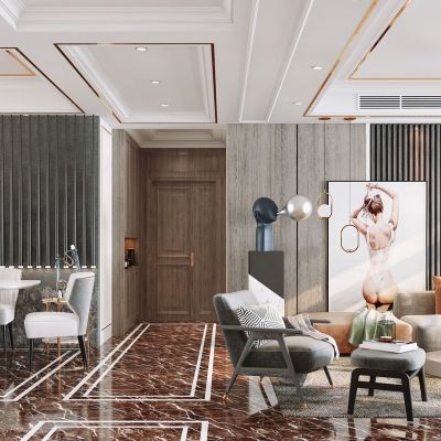 现代客餐厅。沙发茶几组合，餐桌椅，饰品，摆件，背景墙