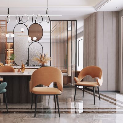 现代客餐厅，沙发茶几组合，餐桌椅，背景墙，陈设摆件，灯具