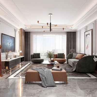 现代客厅，沙发茶几组合，饰品，摆件，背景墙