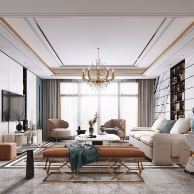 现代客厅，沙发茶几组合，陈设摆件，背景墙