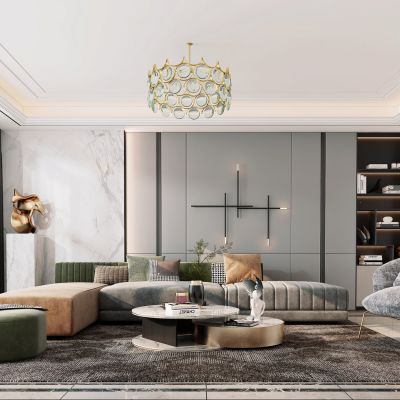 现代客厅，沙发茶几组合，饰品，摆件，背景墙