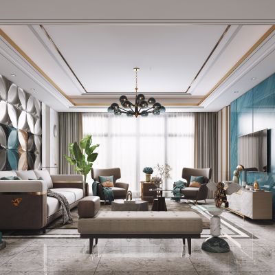 现代客厅，沙发茶几组合，陈设摆件，背景墙，灯具