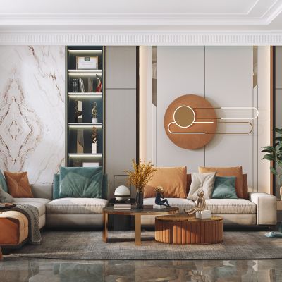 现代客厅，沙发茶几组合，陈设摆件，背景墙