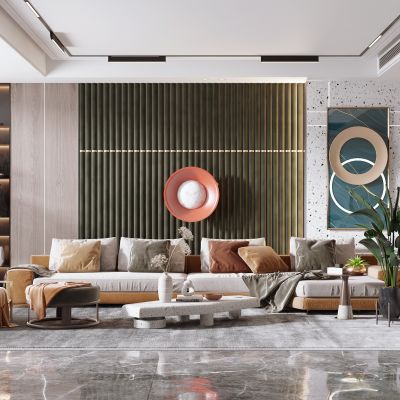 现代客厅，沙发茶几组合，陈设摆件，背景墙