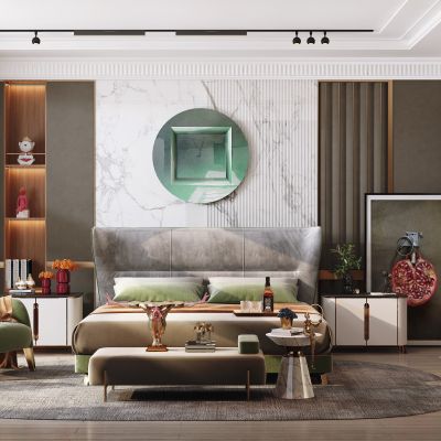 现代卧室，床具，单人沙发，灯具，陈设摆件