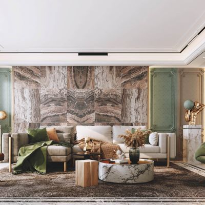 现代客厅，沙发茶几组合，陈设，摆件，背景墙