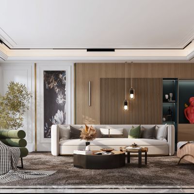 现代客厅，沙发茶几组合，陈设摆件，背景墙